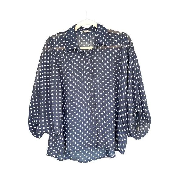 0863 Sans Souci Blue White‎ Polkadot Oversized Blouse Size Medium - Picture 1 of 4
